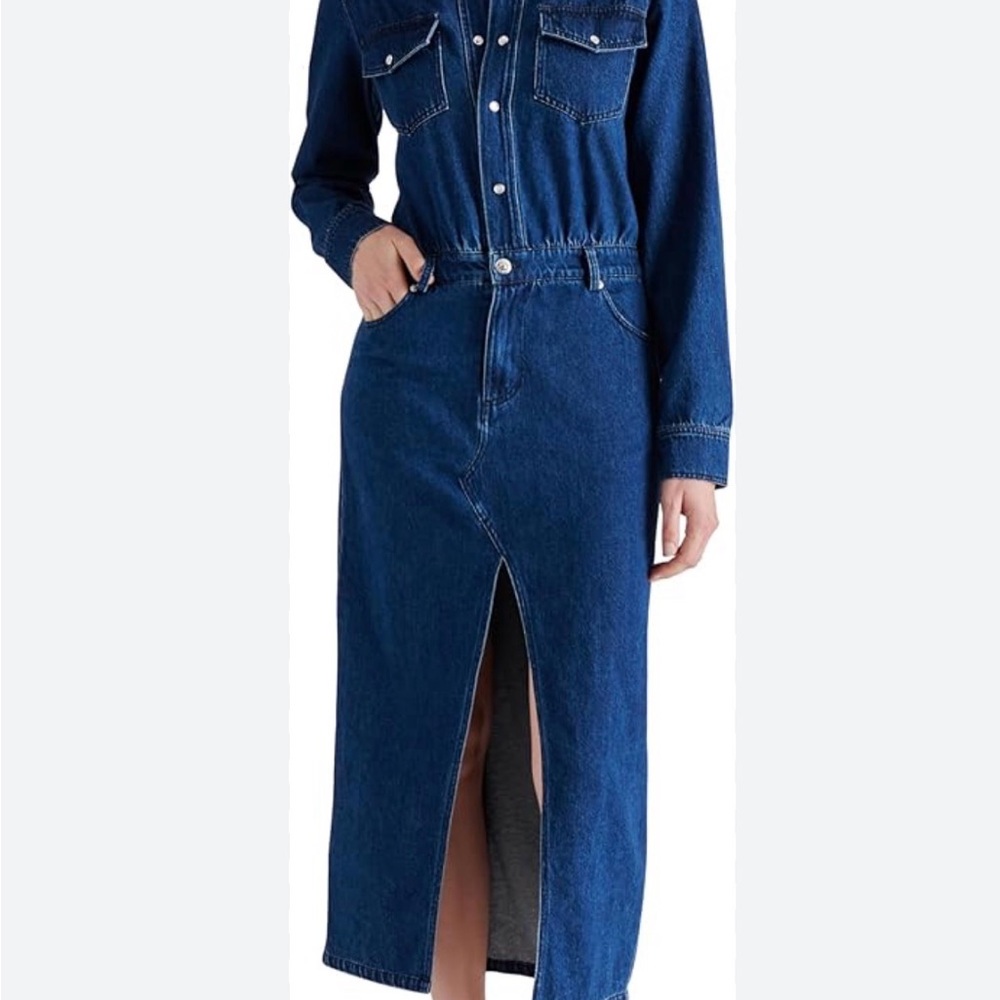 Steve Madden Dark Blue Denim Maxi Skirt with Front Slit - Picture 6 of 16